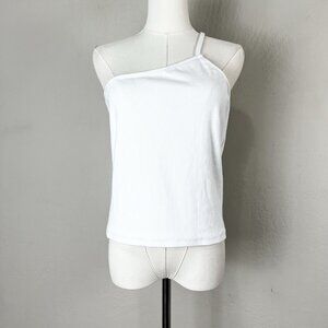 Anthropologie‎ White One Shoulder Ribbed Tank Top Stretch Cotton Size Large
